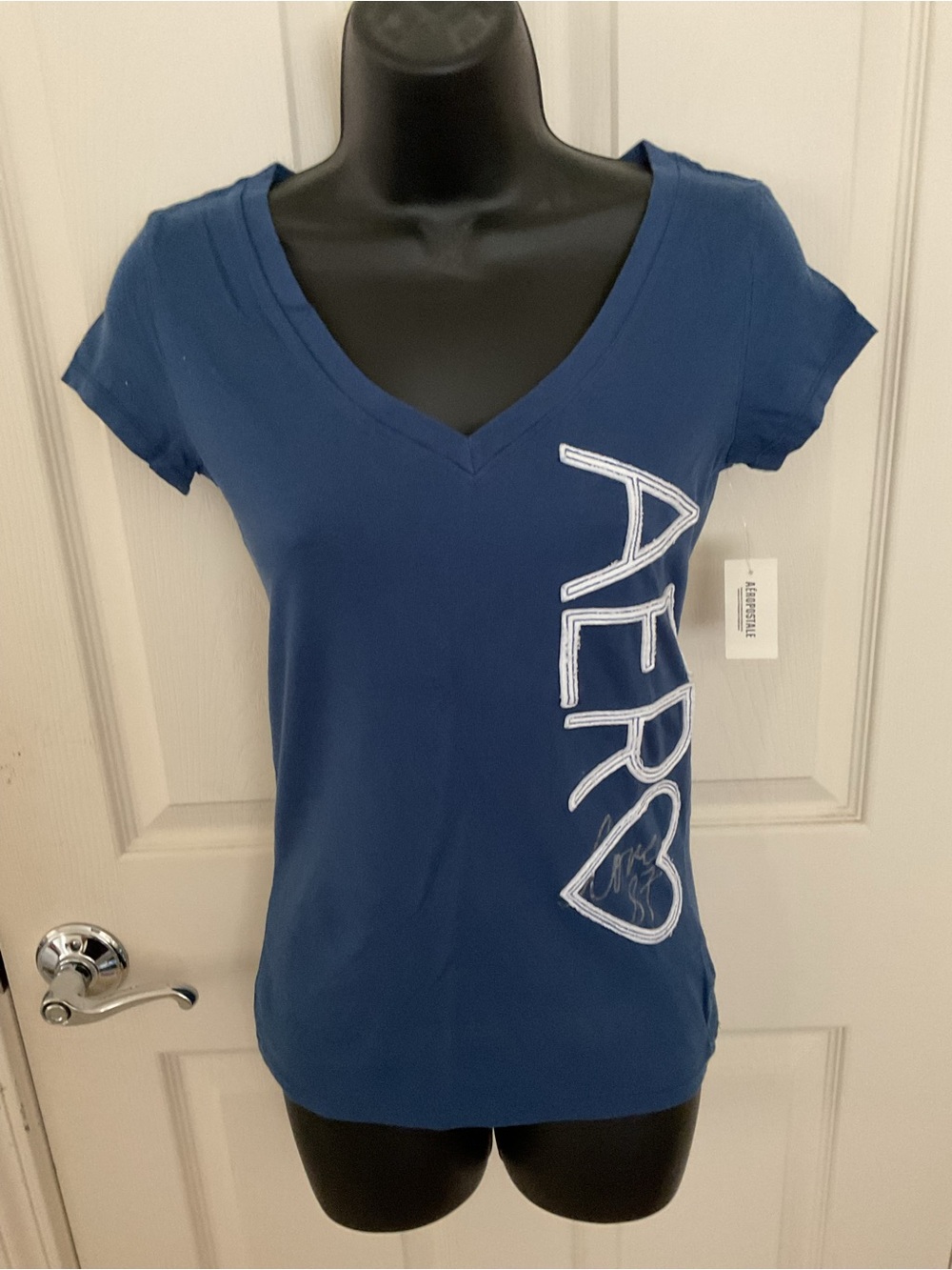 Aeropostale Vintage Women's Blue V-Neck Side Logo Tee